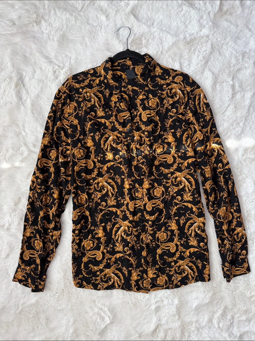 H&M Black Shirt with Gold Baroque Scroll Print